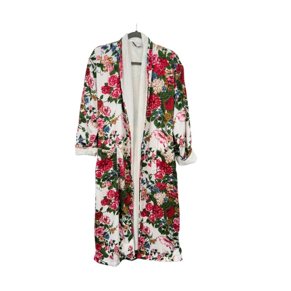 Cacique Floral Print Terry Lined Robe White Rose Long Loungewear Cozy Pretty SM